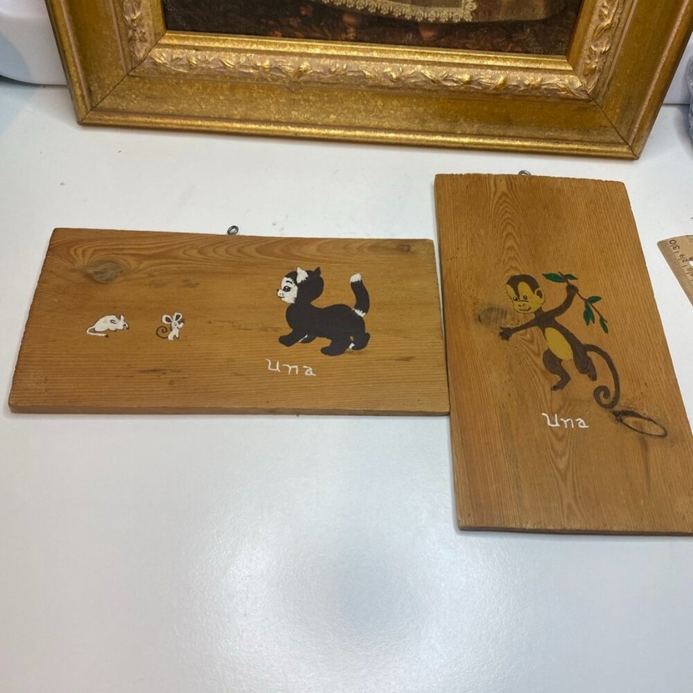 2 Vintage Cat And Mouse, Monkey Painting on Wood Hand Painted Signed